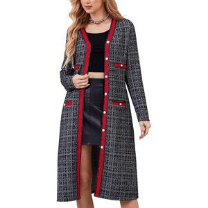 Women’s Long Cardigans Tweed Lightweight Midi Sweater Coat Black White Plaid